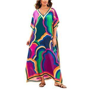 Plus Size Loose Fit V-Neck Batwing Kaftan Beach Cover Up Resort Wear
